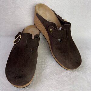 Papillio Birkenstock Clog Shoes Womens Size 10 Brown Suede Wedge Mules Sandals